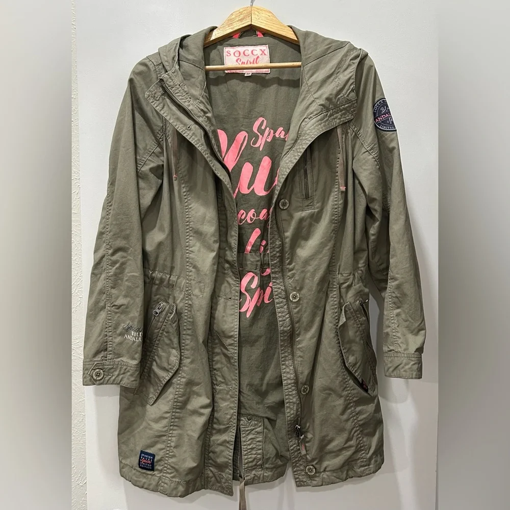 SOCCX Spirit Utility jacket zipper buttoned fitted hood drawstring waist rare - Picture 1 of 7